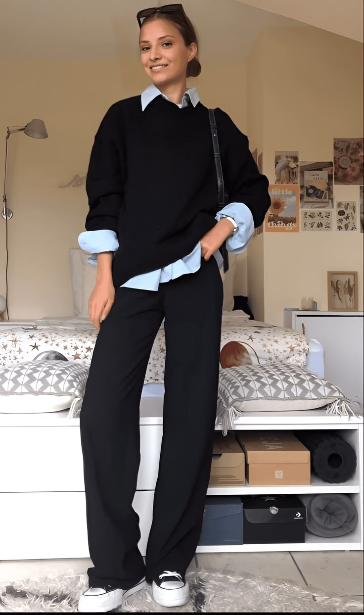 20 Blue Shirt Outfits That Make Casual Style Look Effortlessly Chic (#9 Is a Total Game-Changer!) - 10. Black Sweater, Blue Collar, and Monochrome Trousers 1