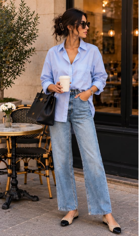 20 Blue Shirt Outfits That Make Casual Style Look Effortlessly Chic (#9 Is a Total Game-Changer!) - 17. Pale Blue Shirt, Light Jeans, and Ballet Flats 1