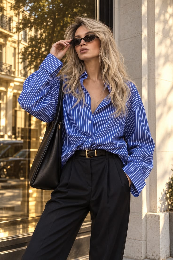20 Blue Shirt Outfits That Make Casual Style Look Effortlessly Chic (#9 Is a Total Game-Changer!) - 18. Bold Blue Stripes with Black Trousers 1