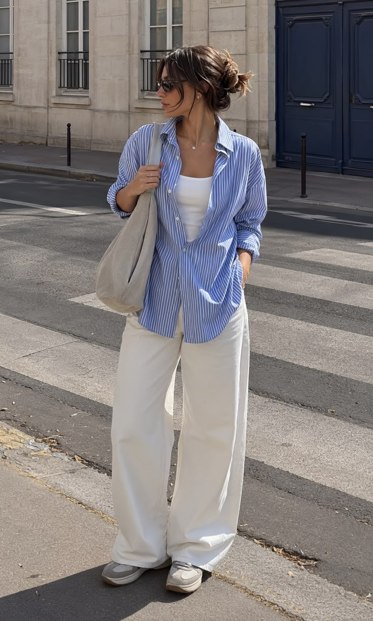 20 Blue Shirt Outfits That Make Casual Style Look Effortlessly Chic (#9 Is a Total Game-Changer!) - 4. Blue Pinstripes with Cream Trousers 1