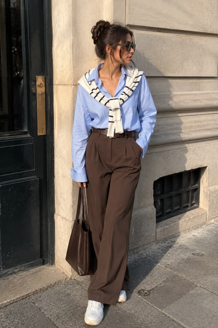 20 Blue Shirt Outfits That Make Casual Style Look Effortlessly Chic (#9 Is a Total Game-Changer!) - 9. The Sweater-over-the-Shoulders Game-Changer 1