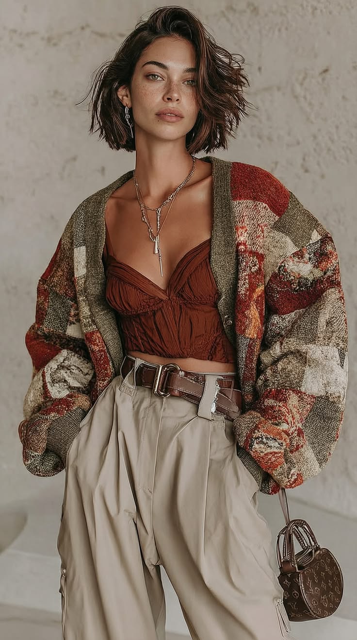 20 Bold Outfits for Women Who Refuse to Dress Boring (Look #20 Is Pure Fashion Drama!) - 13. Vintage Floral Cardigan Over a Cinnamon Bustier 1