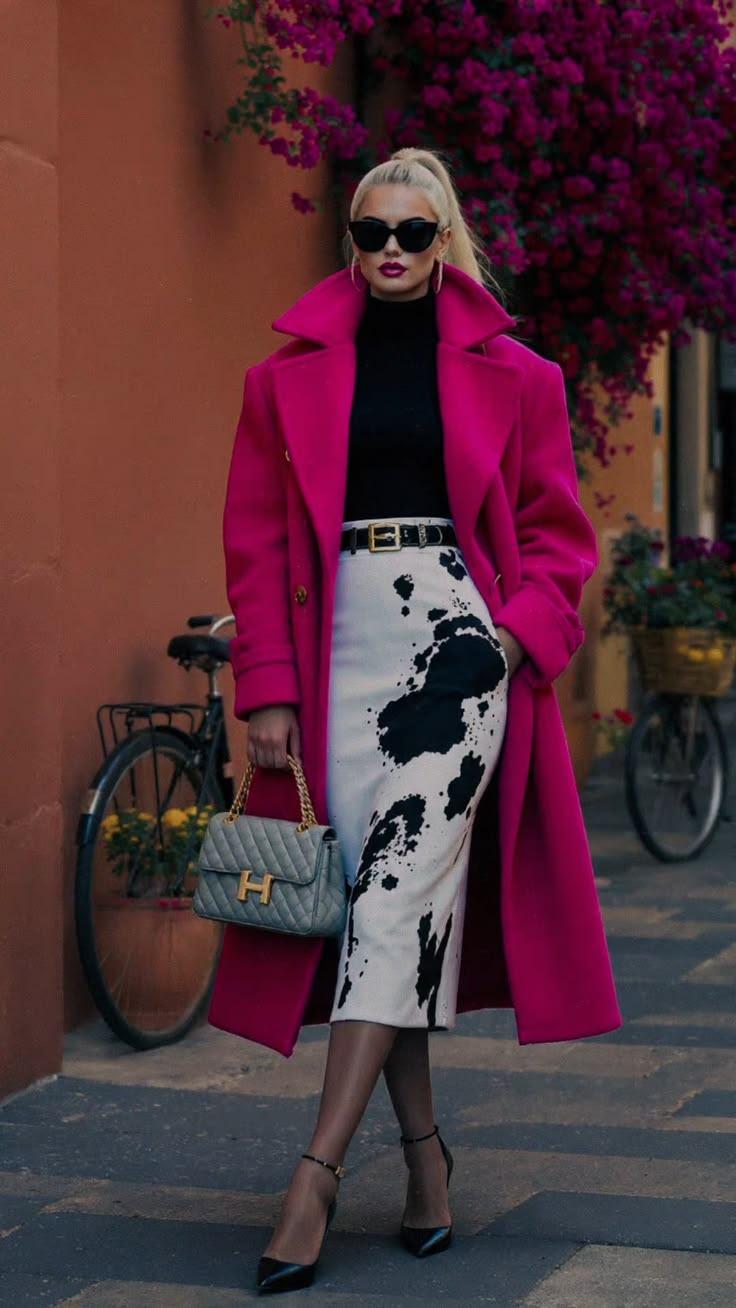 20 Bold Outfits for Women Who Refuse to Dress Boring (Look #20 Is Pure Fashion Drama!) - 15. Hot Pink Coat With a Cow-Print Skirt 1