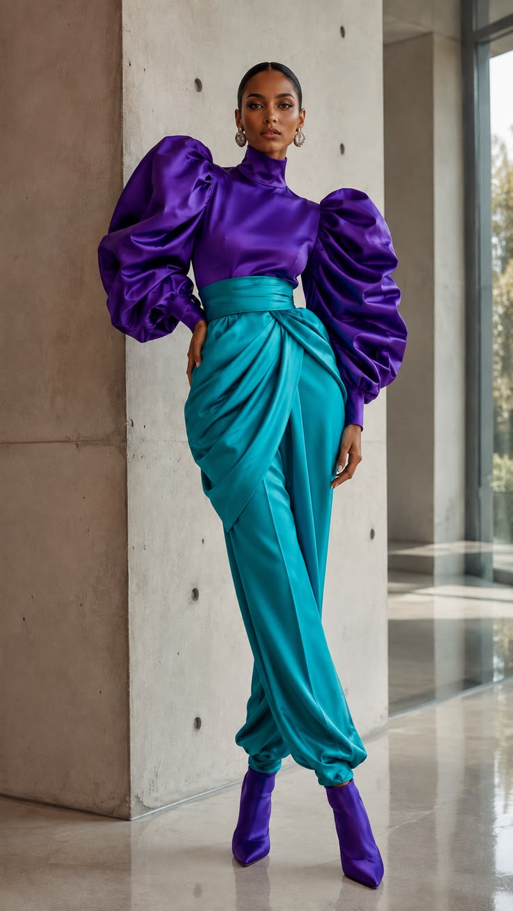 20 Bold Outfits for Women Who Refuse to Dress Boring (Look #20 Is Pure Fashion Drama!) - 17. Purple Satin Sleeves With a Teal Draped Trousers 1