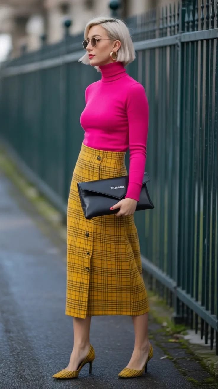 20 Bold Outfits for Women Who Refuse to Dress Boring (Look #20 Is Pure Fashion Drama!) - 19. Fuchsia Turtleneck With Mustard Plaid 1