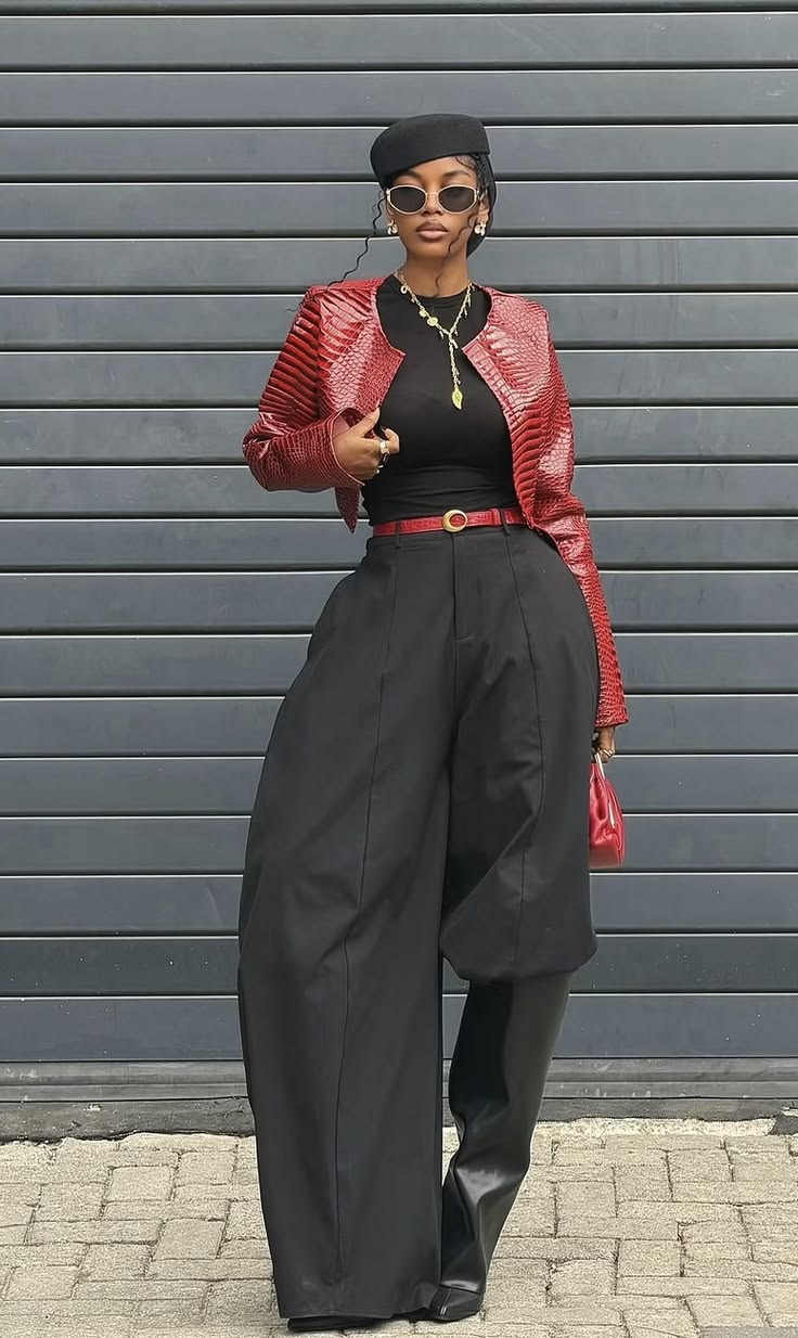 20 Bold Outfits for Women Who Refuse to Dress Boring (Look #20 Is Pure Fashion Drama!) - 2. Red Crocodile Jacket Meets Ultra-Wide Black Trousers 1