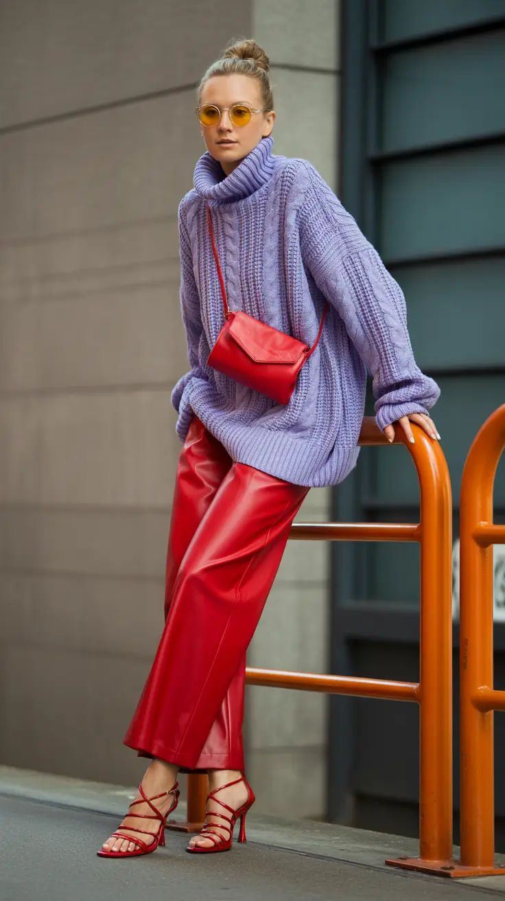 20 Bold Outfits for Women Who Refuse to Dress Boring (Look #20 Is Pure Fashion Drama!) - 3. Lavender Knit and Red Leather: Soft Meets Fearless 1
