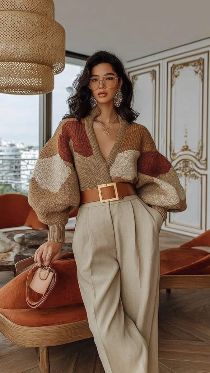 20 Bold Outfits for Women Who Refuse to Dress Boring (Look #20 Is Pure Fashion Drama!) - 4. Warm Patchwork Knit for Quiet, Earthy Drama 1