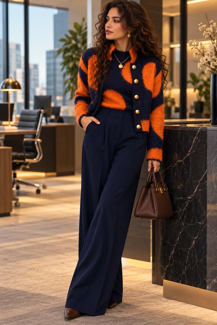 20 Bold Outfits for Women Who Refuse to Dress Boring (Look #20 Is Pure Fashion Drama!) - 7. Navy and Orange Cardigan for a Clever Office Twist 1