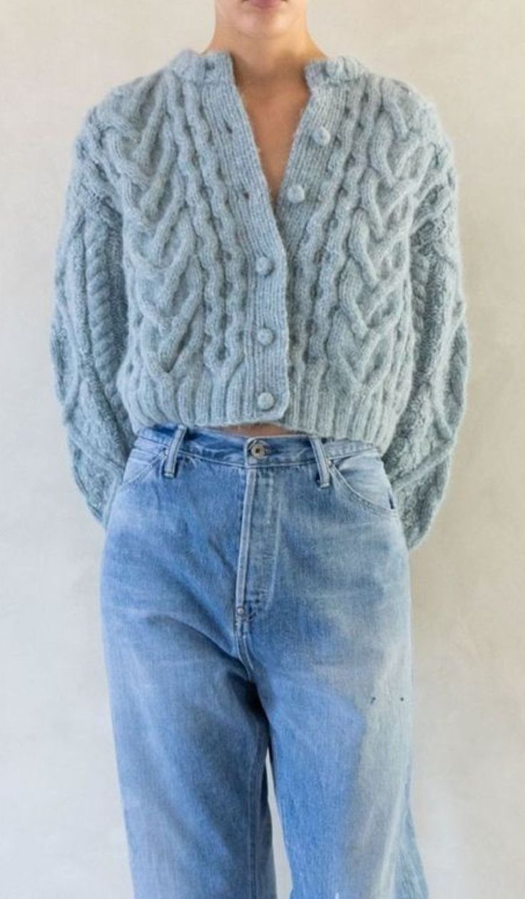 20 Cable Knit Cardigan Outfits That Instantly Elevate Your Everyday Wardrobe - 2. Icy Blue Cropped Knit with Relaxed Denim 1