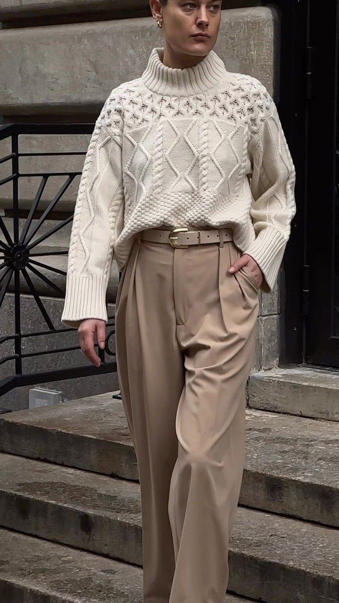 20 Cable Knit Cardigan Outfits That Instantly Elevate Your Everyday Wardrobe - 6. Ivory Cable Knit with Tailored Beige Trousers 1