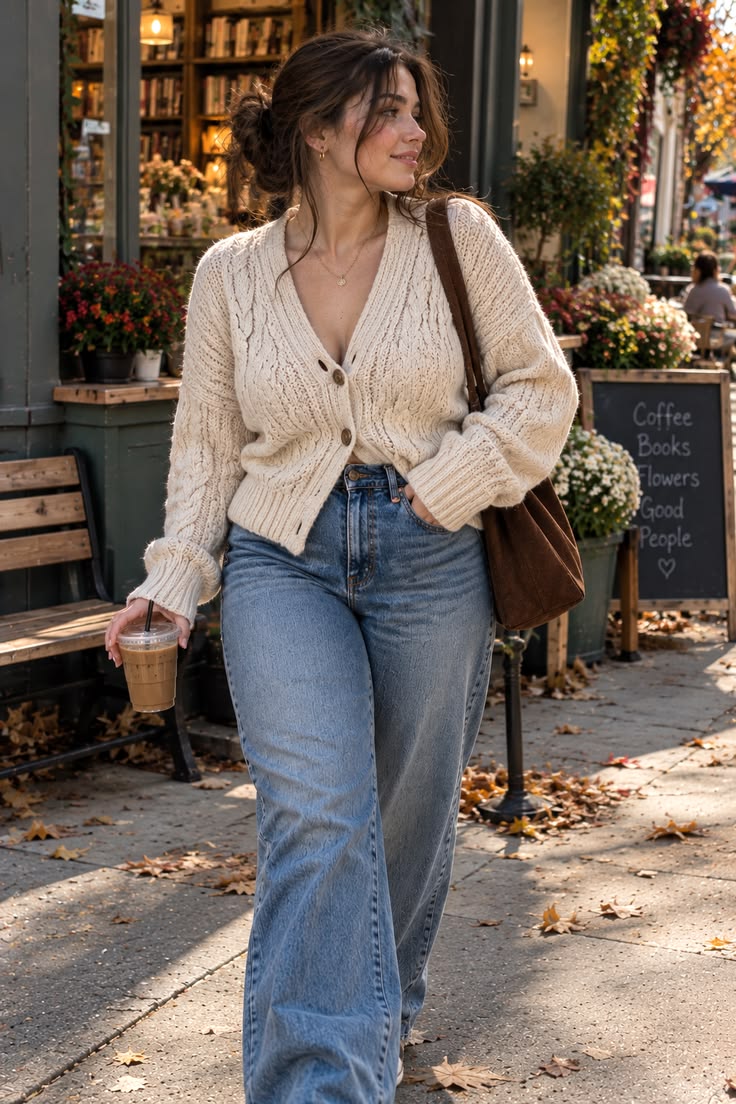 20 Cardigan and Jeans Outfits That Make Casual Style Look Effortlessly Chic - 12. Textured Cream Knit for the Bookstore-and-Coffee Day 1
