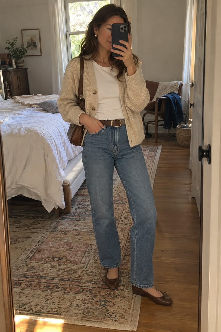20 Cardigan and Jeans Outfits That Make Casual Style Look Effortlessly Chic - 14. Soft Beige Cardigan for a Relaxed At-Home Look 1