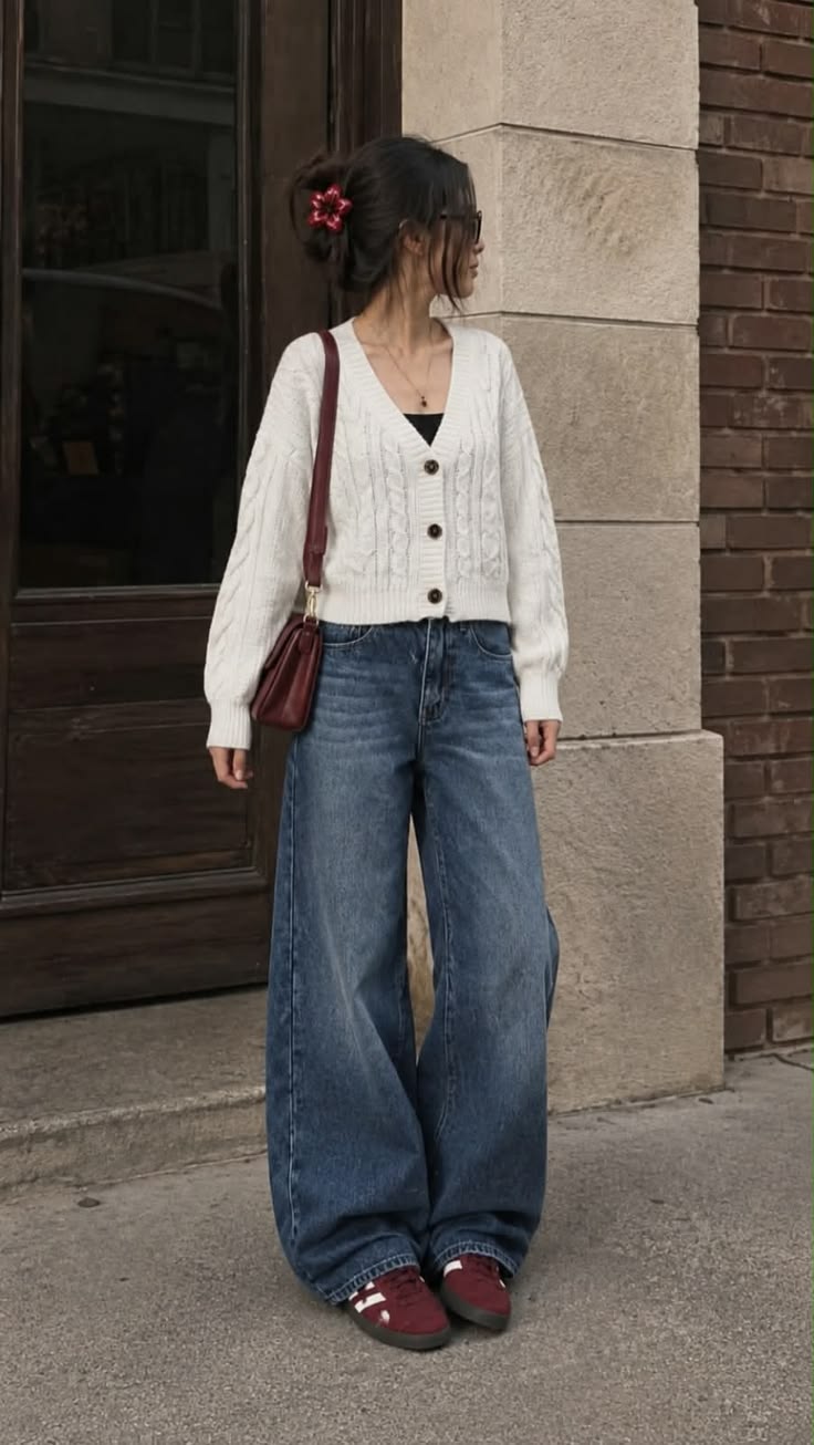 20 Cardigan and Jeans Outfits That Make Casual Style Look Effortlessly Chic - 2. Cable-Knit Cardigan with Dark Denim and Cherry Sneakers 1