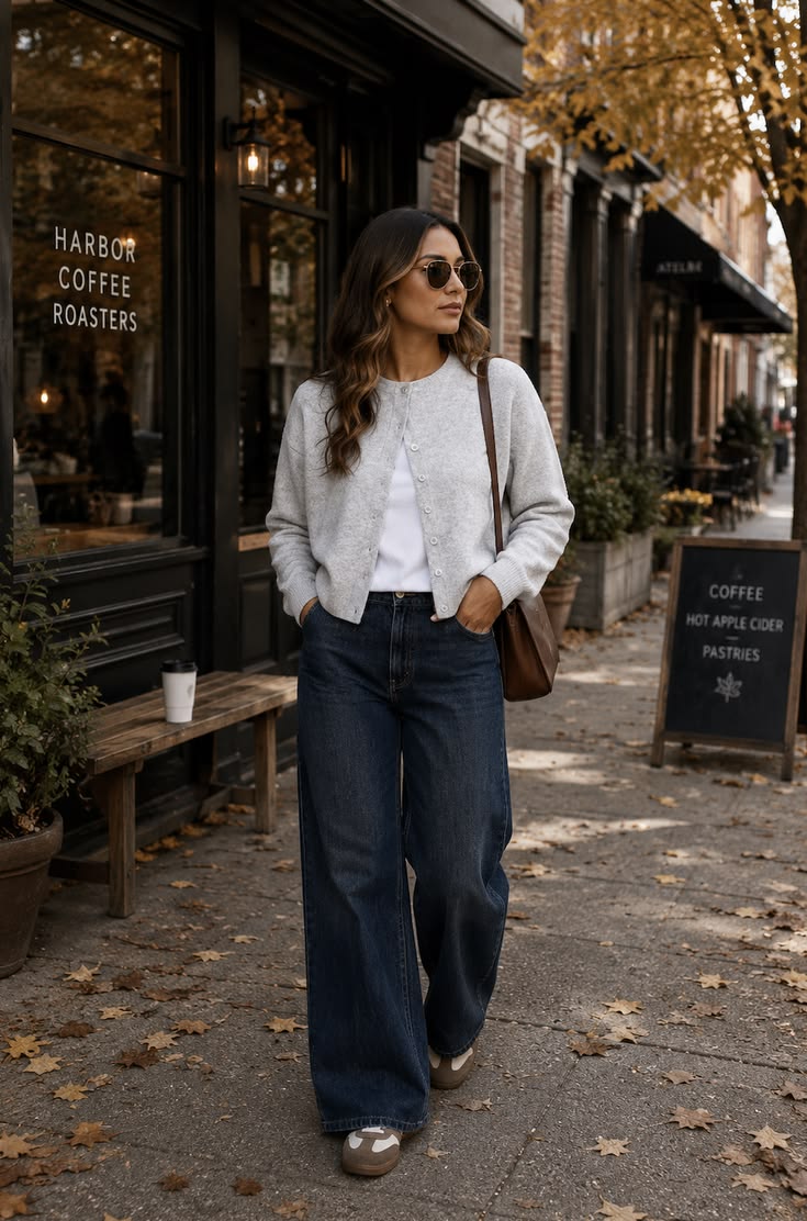 20 Cardigan and Jeans Outfits That Make Casual Style Look Effortlessly Chic - 20. Gray Cardigan and Dark Denim for an Autumn Cafe Stroll 1