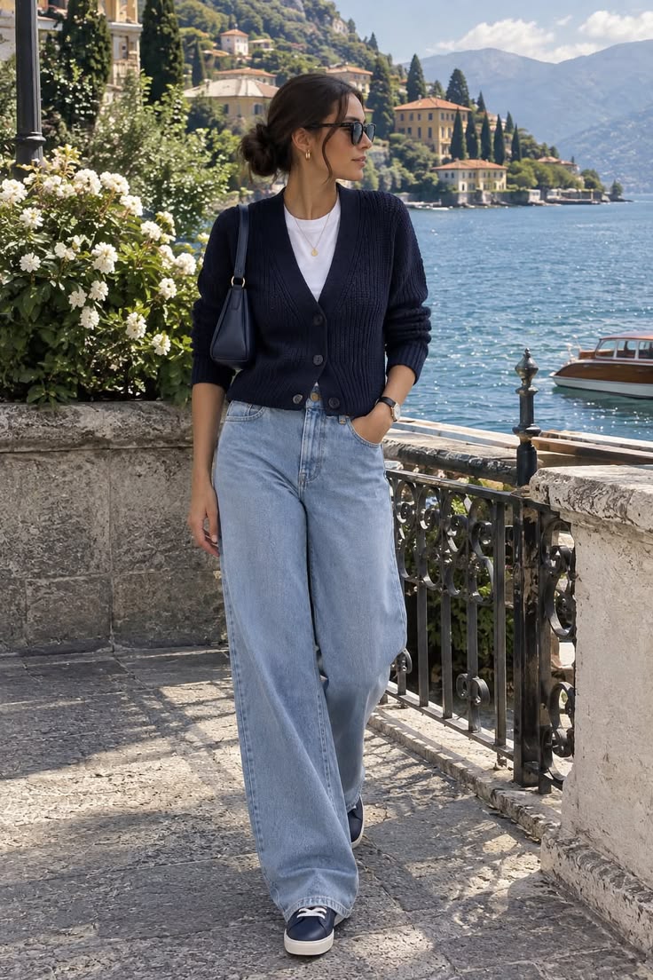 20 Cardigan and Jeans Outfits That Make Casual Style Look Effortlessly Chic - 3. Navy Lakeside Ease with Light-Wash Jeans 1