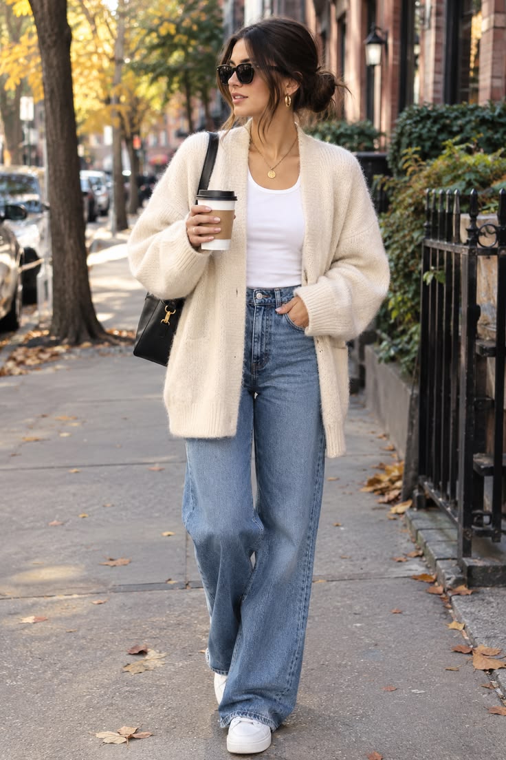 20 Cardigan and Jeans Outfits That Make Casual Style Look Effortlessly Chic - 5. Long Oatmeal Cardigan for an Autumn Coffee Walk 1