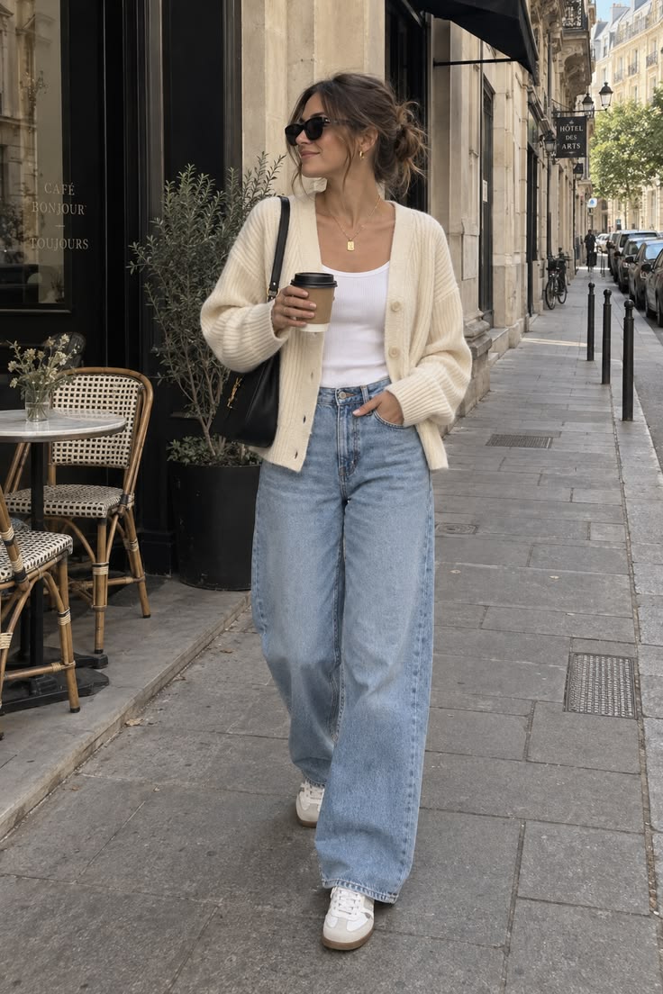20 Cardigan and Jeans Outfits That Make Casual Style Look Effortlessly Chic - 9. Paris Cafe Cream Cardigan with Retro Sneakers 1