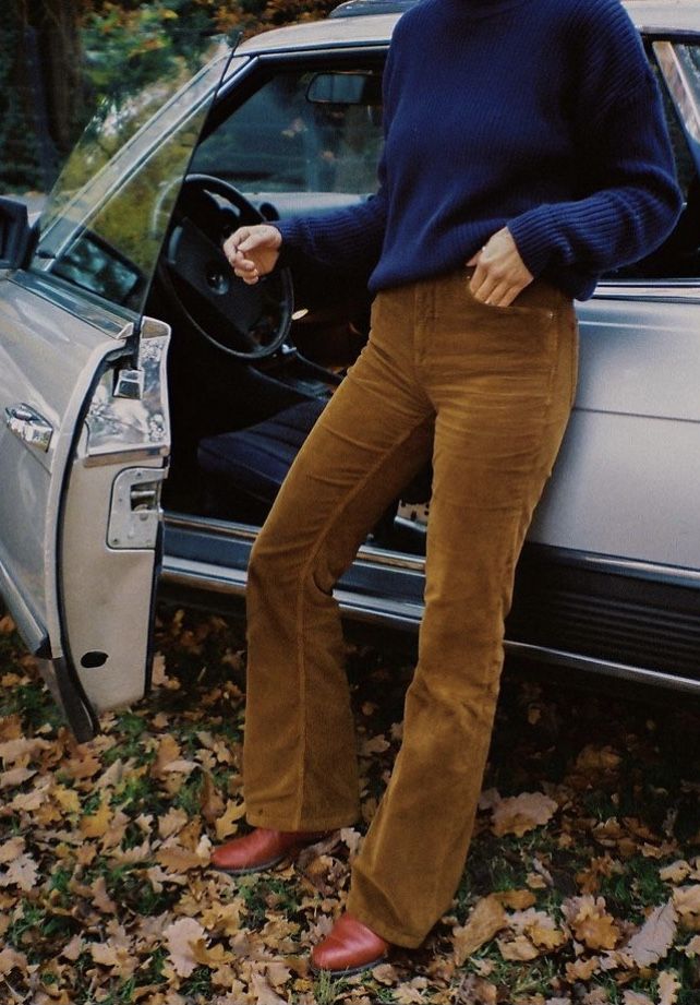 20 Cozy Corduroy Pants Outfit Ideas You’ll Want to Copy All Fall - 1. Caramel Corduroy and a Navy Sweater for a Classic Weekend Look 1