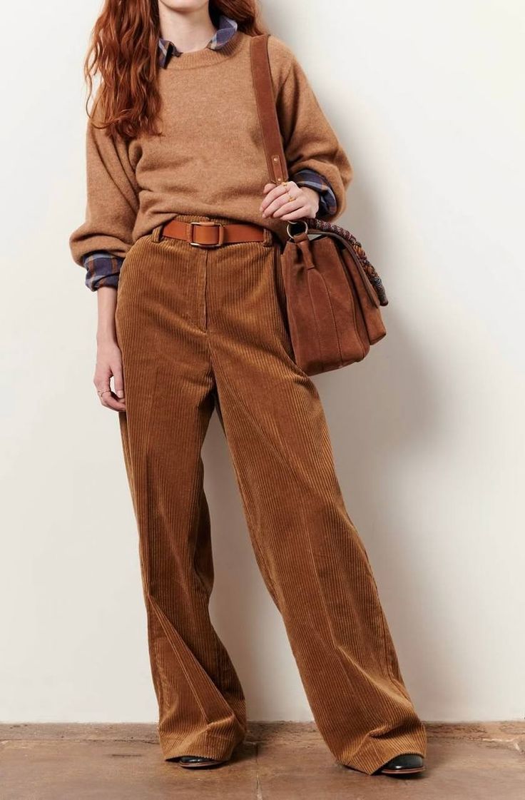20 Cozy Corduroy Pants Outfit Ideas You’ll Want to Copy All Fall - 10. Camel Corduroy with a Plaid Collar and Leather Bag 1