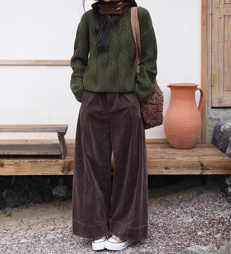 20 Cozy Corduroy Pants Outfit Ideas You’ll Want to Copy All Fall - 12. Chocolate Wide-Leg Cords with Olive Cable Knitwear 1