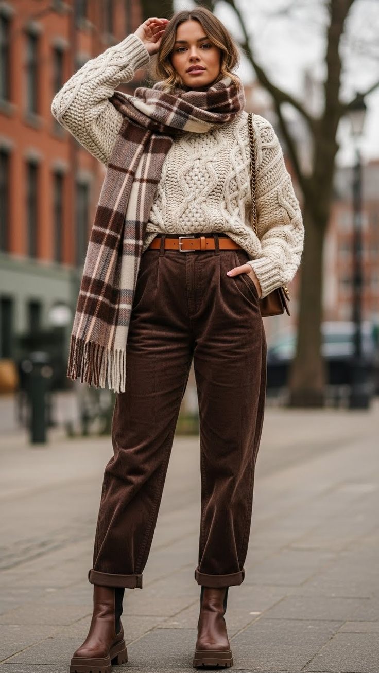 20 Cozy Corduroy Pants Outfit Ideas You’ll Want to Copy All Fall - 14. Rolled Brown Cords with a Cable Sweater and Plaid Scarf 1