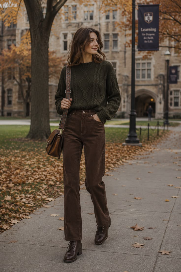 20 Cozy Corduroy Pants Outfit Ideas You’ll Want to Copy All Fall - 15. Campus-Ready Brown Cords with an Olive Sweater 1