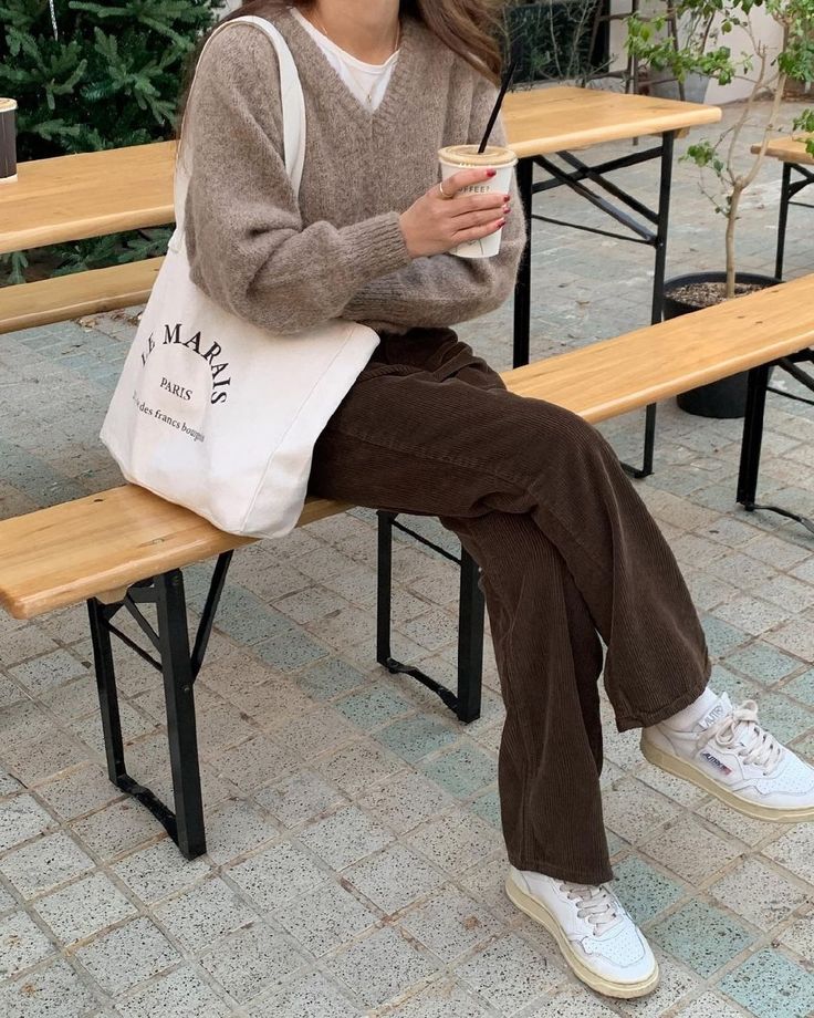 20 Cozy Corduroy Pants Outfit Ideas You’ll Want to Copy All Fall - 16. Café Brown Cords with a Taupe Sweater and White Sneakers 1