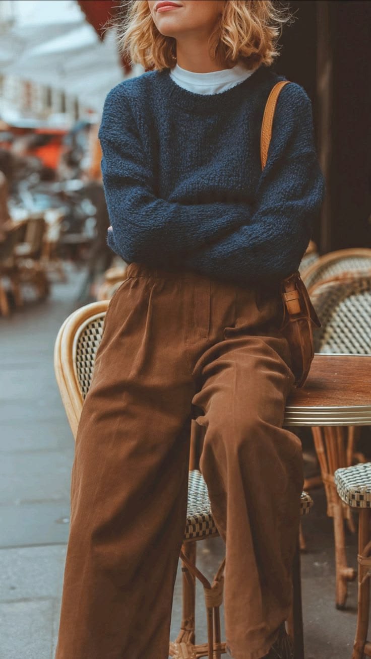 20 Cozy Corduroy Pants Outfit Ideas You’ll Want to Copy All Fall - 2. Brown Wide-Leg Cords with a Navy Sweater and White Turtleneck 1
