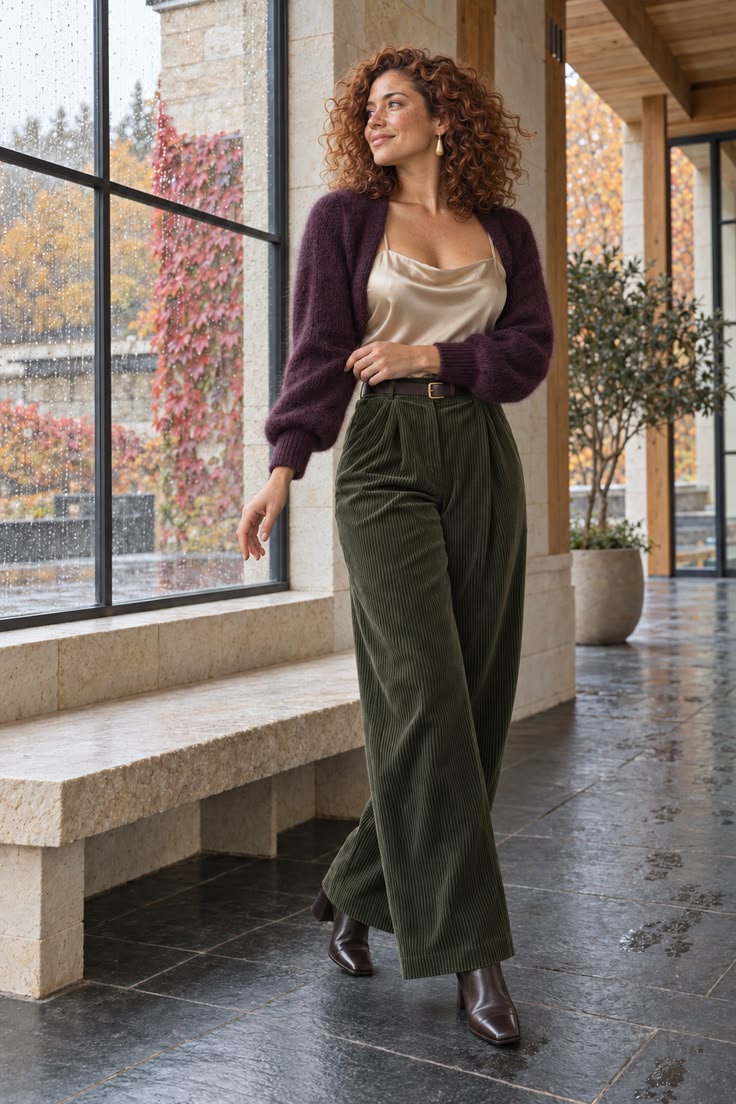 20 Cozy Corduroy Pants Outfit Ideas You’ll Want to Copy All Fall - 3. Olive Wide-Leg Cords with Satin and Plum Knitwear 1