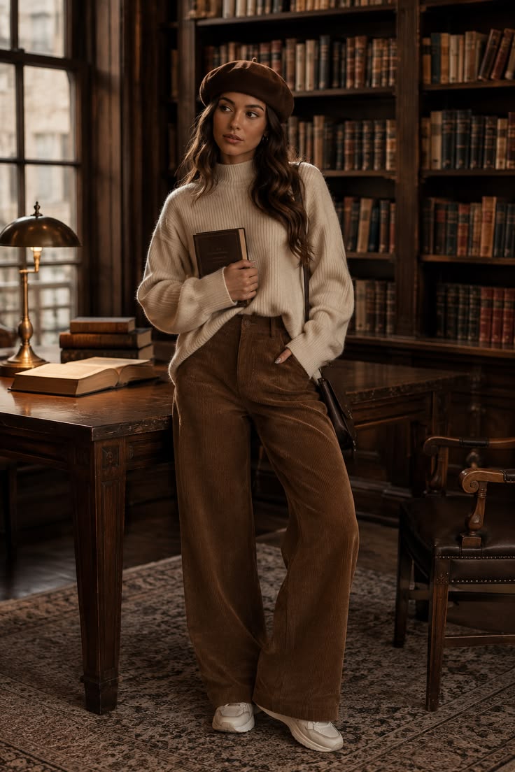20 Cozy Corduroy Pants Outfit Ideas You’ll Want to Copy All Fall - 4. Bookish Brown Cords with a Cream Sweater and Beret 1