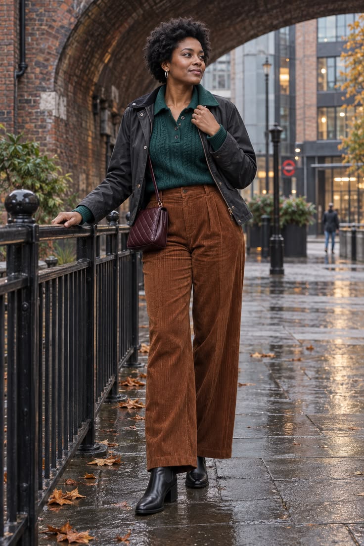 20 Cozy Corduroy Pants Outfit Ideas You’ll Want to Copy All Fall - 6. Rainy-Day Cords with a Teal Sweater and Leather Jacket 1