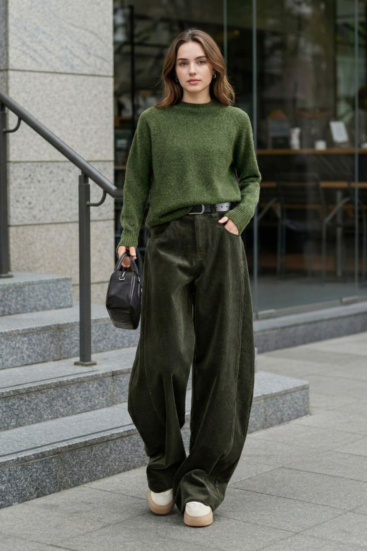 20 Cozy Corduroy Pants Outfit Ideas You’ll Want to Copy All Fall - 8. Forest Green on Forest Green for a Quiet Monochrome Outfit 1