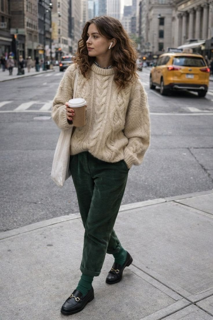 20 Cozy Corduroy Pants Outfit Ideas You’ll Want to Copy All Fall - 9. Cream Cable Knit, Bottle-Green Cords, and Classic Loafers 1