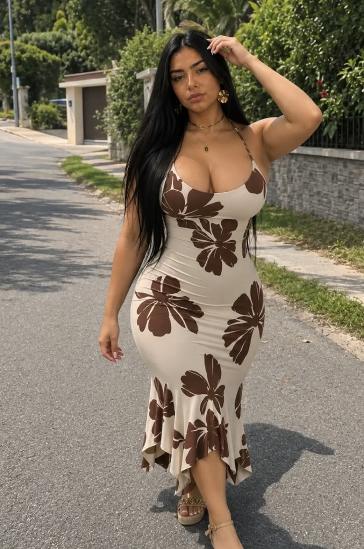 20 Curvy Fashion Looks That Make Casual Style Feel Instantly More Chic (You’ll Want to Copy #8!) - 16. Brown Floral Dress with a Soft Flare at the Hem 1
