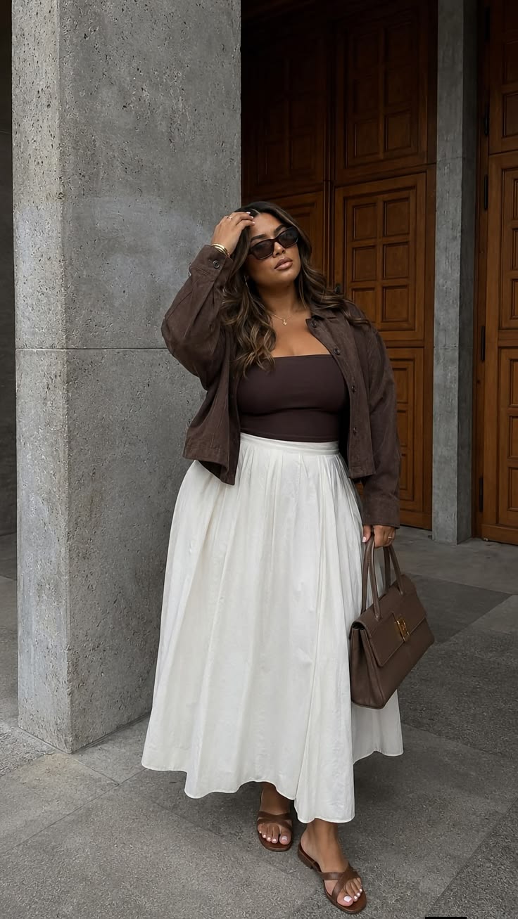 20 Curvy Fashion Looks That Make Casual Style Feel Instantly More Chic (You’ll Want to Copy #8!) - 3. Brown Utility Jacket Meets a Floaty White Skirt 1