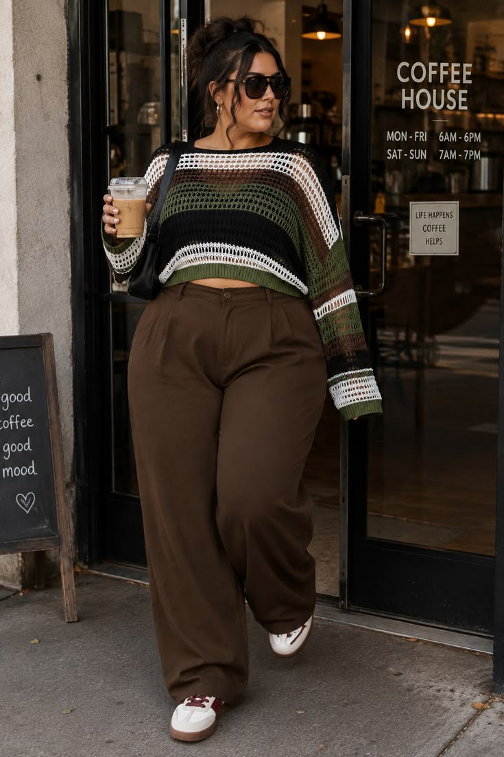 20 Curvy Fashion Looks That Make Casual Style Feel Instantly More Chic (You’ll Want to Copy #8!) - 5. Open-Knit Stripes and Relaxed Brown Trousers 1