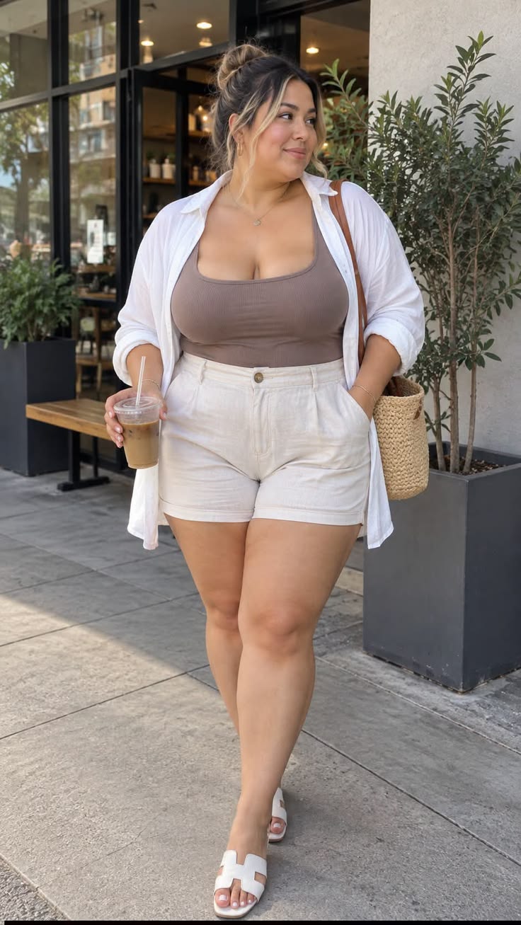 20 Curvy Fashion Looks That Make Casual Style Feel Instantly More Chic (You’ll Want to Copy #8!) - 6. White Shirt, Neutral Tank, and Easy Summer Shorts 1