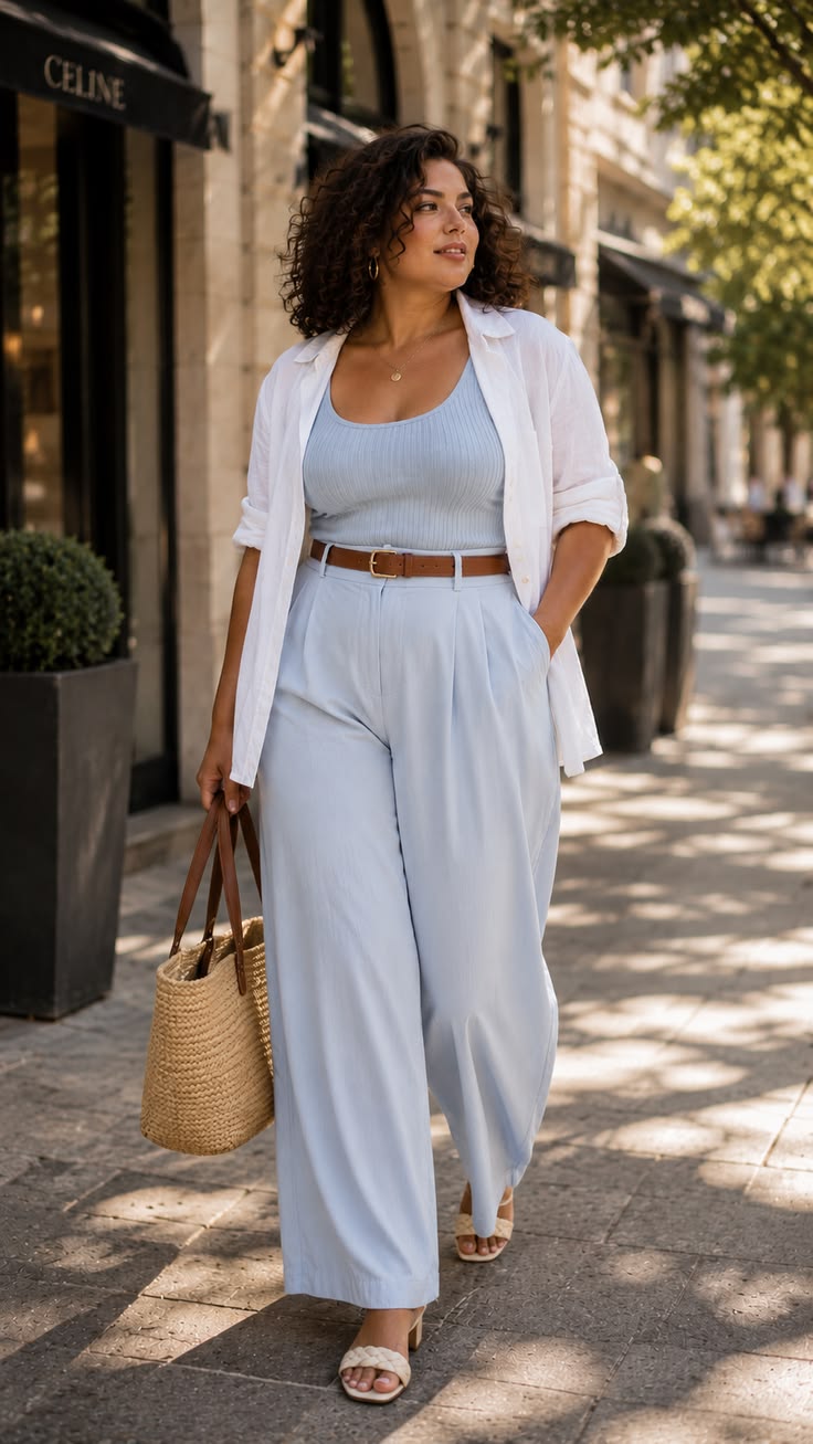 20 Curvy Fashion Looks That Make Casual Style Feel Instantly More Chic (You’ll Want to Copy #8!) - 7. Pale Blue Trousers with a Breezy White Overshirt 1