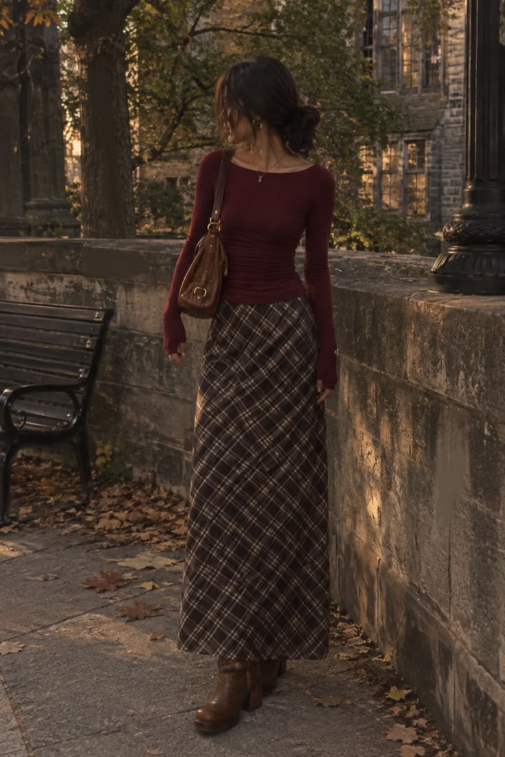 20 Dark-Academia Outfits That Make Dressing Like a Mysterious Heiress Chic - 10. Oxblood Top with a Plaid Midi Skirt 1