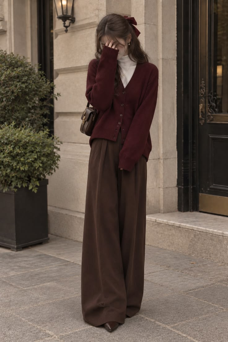 20 Dark-Academia Outfits That Make Dressing Like a Mysterious Heiress Chic - 11. Burgundy Cardigan and Chocolate Wide-Leg Trousers 1