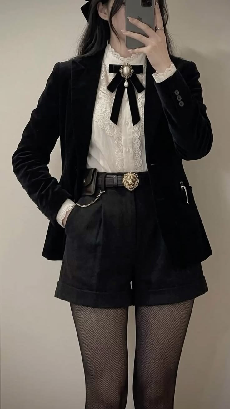 20 Dark-Academia Outfits That Make Dressing Like a Mysterious Heiress Chic - 16. Velvet Blazer with a Lace-Bow Blouse 1