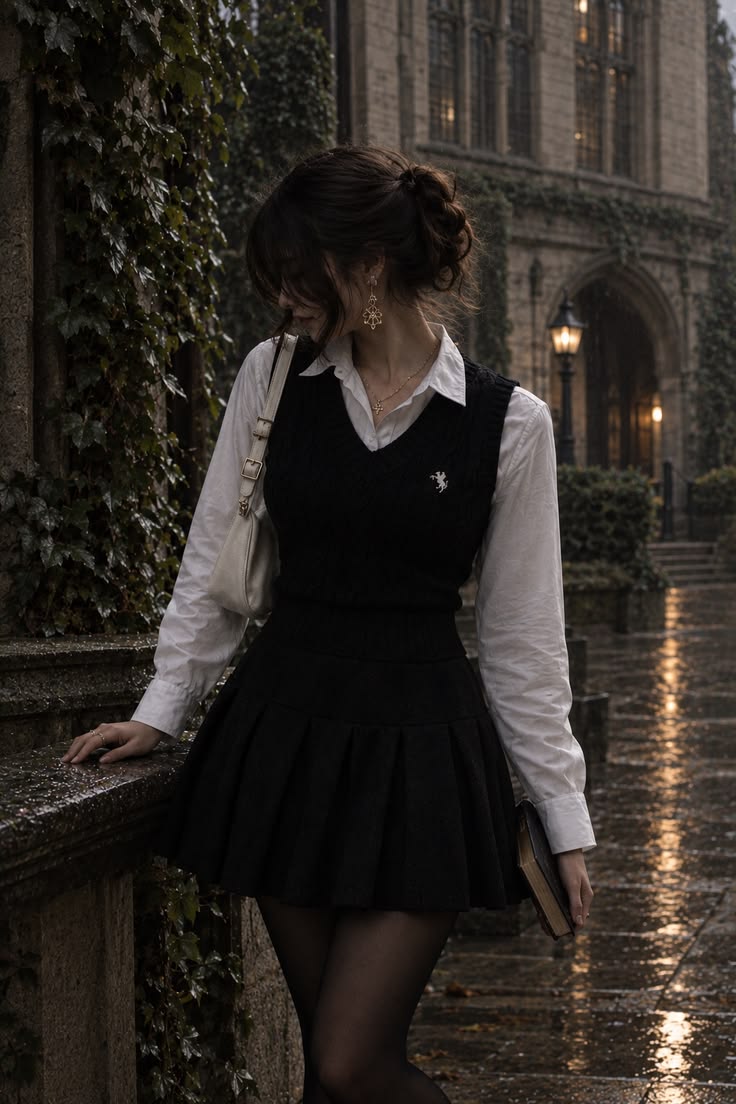 20 Dark-Academia Outfits That Make Dressing Like a Mysterious Heiress Chic - 17. Rainy Courtyard Pinafore Dress 1