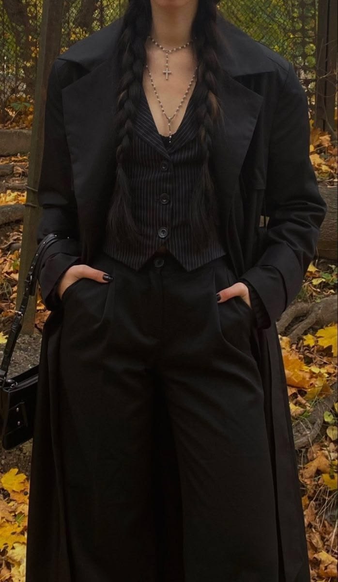 20 Dark-Academia Outfits That Make Dressing Like a Mysterious Heiress Chic - 7. The All-Black Pinstripe Vest Suit 1