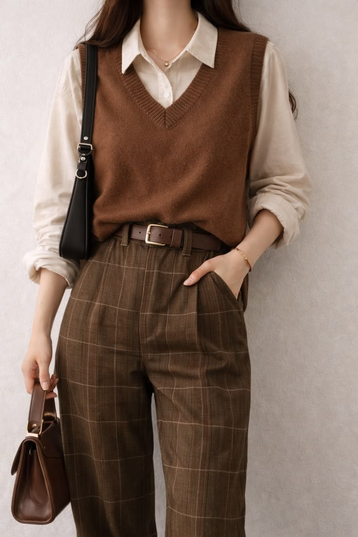 20 Dark-Academia Outfits That Make Dressing Like a Mysterious Heiress Chic - 9. The Cream Shirt and Argyle Vest Combination 1
