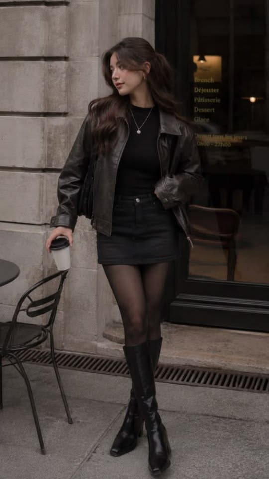 20 Dark Feminine Outfits That Make Looking Dangerous So Chic - 03. Leather Jacket, Mini Skirt, and Café Confidence 1