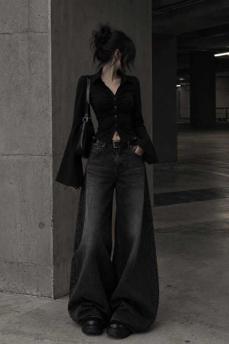 20 Dark Feminine Outfits That Make Looking Dangerous So Chic - 06. Ruched Shirt and Wide-Leg Shadow Denim 1