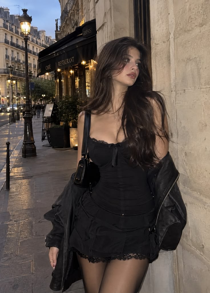 20 Dark Feminine Outfits That Make Looking Dangerous So Chic - 07. Lace Trim, Leather Jacket, and Paris After Dark 1