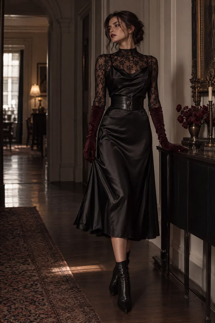 20 Dark Feminine Outfits That Make Looking Dangerous So Chic - 10. Satin Slip Dress With Lace Sleeves 1