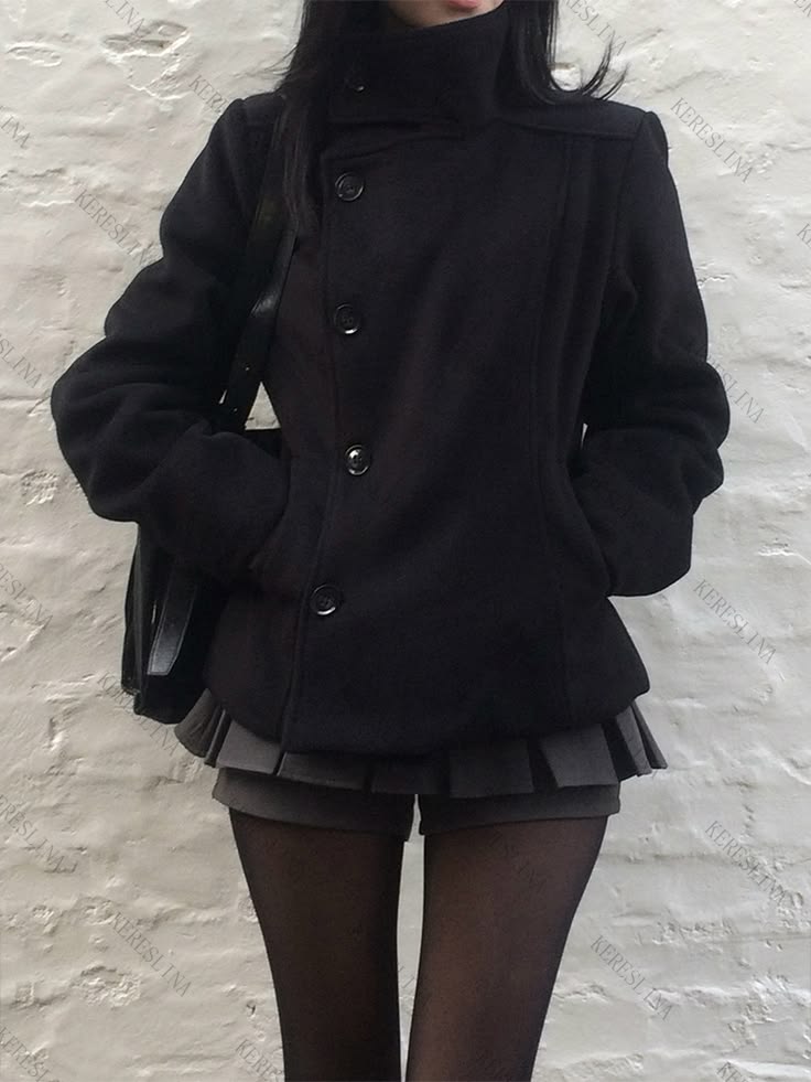 20 Dark Feminine Outfits That Make Looking Dangerous So Chic - 11. Peacoat, Pleated Hem, and Sheer Tights 1